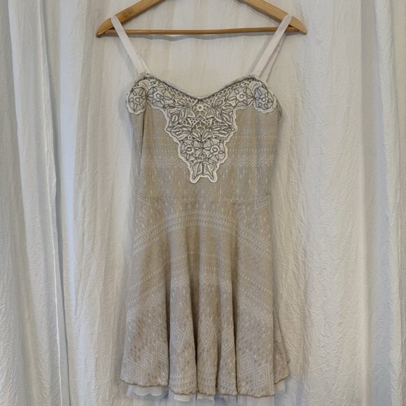 Free People Size Medium Beaded Embroidered Lace Mini Dress Dainty Lace Beige - Picture 1 of 13
